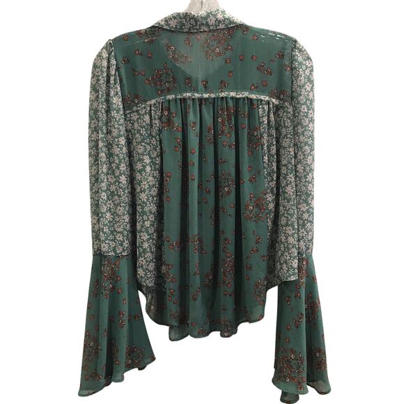Free People Serena Floral Bell Sleeve Blouse Top Patchwork Button Green Small - Picture 8 of 12